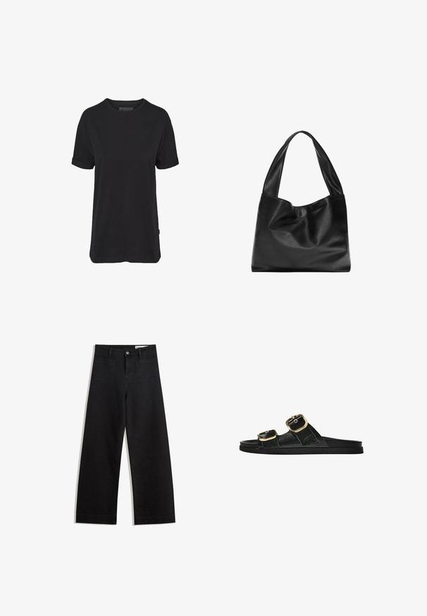 Tricou din bumbac negru cu mâneci scurte, decolteu rotund și manșete rulate; prezintă o etichetă discretă a brandului pe tivul lateral.; Pantaloni din denim negri cu picioare largi, cu talie înaltă, având buzunare frontale și posterioare, cusături dublate și închidere cu nasture. Textură netedă.; Sandalie negre cu toc plat, cu două accente de cataramă aurie, din material texturat neted și design minimalist.; Geantă de umăr din piele neagră, cu un design moale și lejer, mânere late și o textură netedă. Fără elemente de prindere vizibile sau embellishemnts.