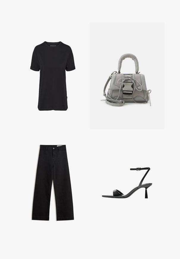 Tricou din bumbac negru cu mâneci scurte, decolteu rotund și manșete rulate; prezintă o etichetă discretă a brandului pe tivul lateral.; Pantaloni din denim negri cu picioare largi, cu talie înaltă, având buzunare frontale și posterioare, cusături dublate și închidere cu nasture. Textură netedă.; Bershka Sandale cu toc - black; Geantă gri texturată, cu un maner căptușit, accente din plasă, curea ajustabilă și un închizător frontal. Design compact cu o formă rotunjită.