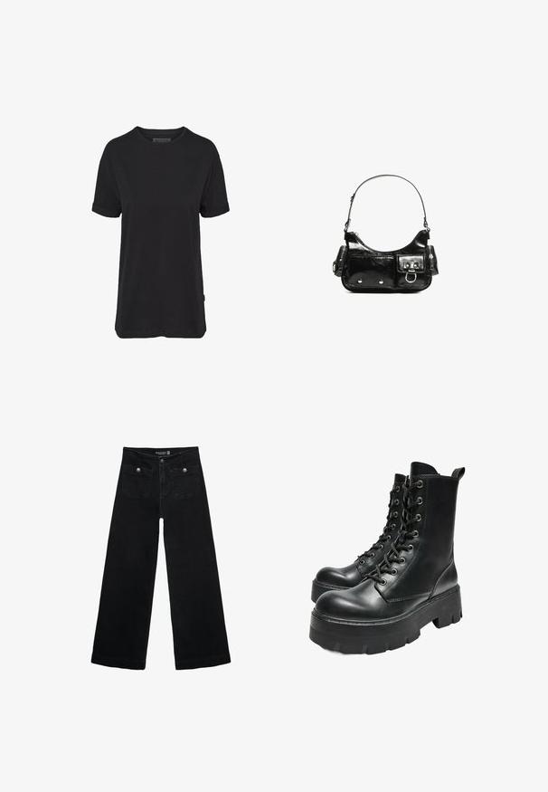 Črna bombažna majica s kratkimi rokavi, okroglim izrezom in zavihanimi manšeti; na bočnem robu ima diskreten oznako blagovne znamke.; Črne široke kavbojke z visokim pasom, ki imajo dva sprednja žepa in kovinske gumbi. Tkanina ima gladko teksturo.; Bershka TRACK - Gležnjarji s platformo - black; Črna lakasta usnjena torbica s ukrivljeno obliko, enim ramenskim trakom, sprednjimi žepi in srebrnimi kovinskimi dodatki.