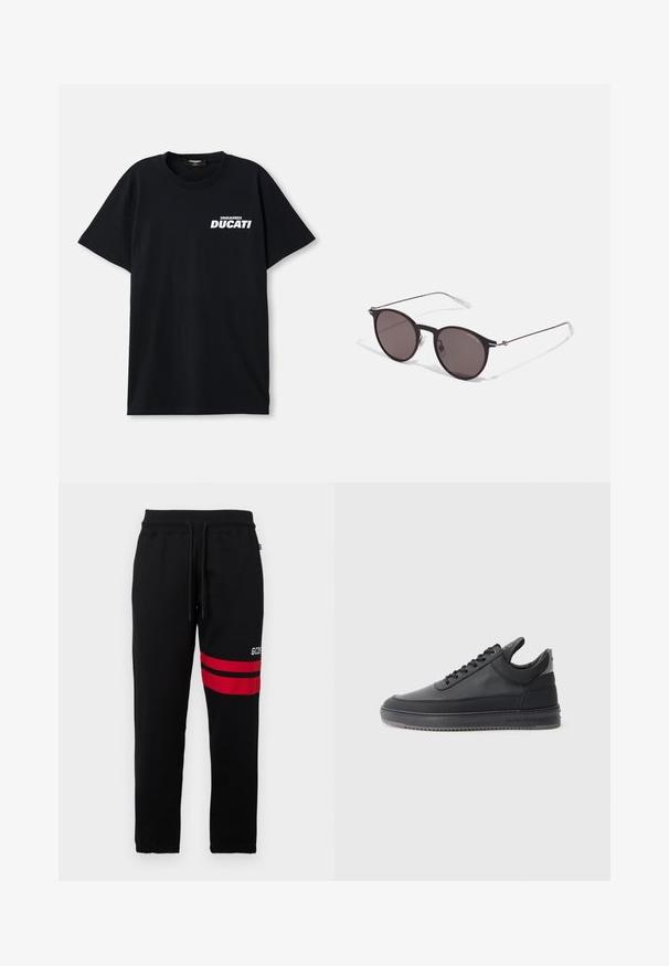 Schwarzes Baumwoll-T-Shirt mit kurzen Ärmeln, mit einem weißen "DSQUARED2 DUCATI" Logo auf der linken Vorderseite. Rundhalsdesign.; Schwarze Jogginghose mit kontrastierenden roten Streifen und Logo an der Seite. Sie verfügt über einen elastischen Bund mit Kordelzug und eng zulaufende Beinabschlüsse.; Schwarze Leder-Sneaker mit strukturierter Oberfläche, Schnürdesign, niedrigem Schaft und grauler Gummisohle mit geriffeltem Rand.; Schwarze runde Sonnenbrille mit dunklen Gläsern und schlanken Metallbügeln. Enthält klare Tempelspitzen und silberne Akzente am Scharnier. Minimalistisches Design.