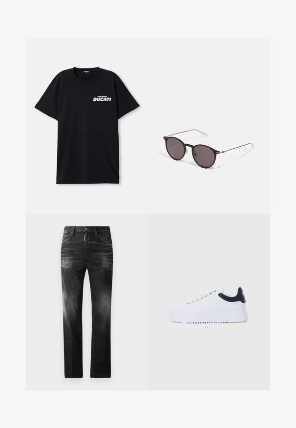 Sort bomulds T-shirt med korte ærmer, der har et hvidt "DSQUARED2 DUCATI" logo på venstre forsiden. Rund halsudskæring.; Sorte denim jeans med lige pasform. Har falmede områder, mindre slid, klassisk fem-lommer design og knaplukning.; Hvide sneakers med marineblå accenter, der har en glat overflade, rund tå og forhøjet sål, detaljeret med et logo på siden.; Sorte runde solbriller med mørke linser og slanke metalarme. Inkluderer klare tempeltips og sølvdetaljer ved hængslet. Minimalistisk design.