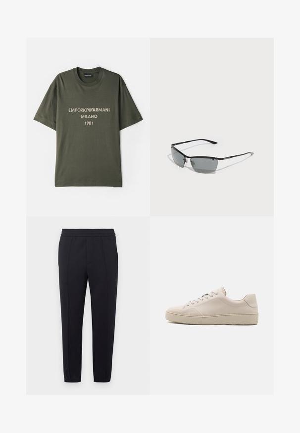 T-shirt de algodão verde-oliva com mangas curtas, apresentando o logótipo "EMPORIO ARMANI MILANO" e "1981" em fonte clara contrastante.; Calças de treino pretas com cintura elástica, pernas afuniladas, bolsos laterais e textura de tecido suave. Apresenta detalhes costurados ao longo das costuras.; Sapatilhas de couro bege com um acabamento suave, biqueira arredondada, sola plana e design clássico com atacadores. Detalhes discretos em costura e sola texturizada.; Óculos de sol com uma estrutura preta em metal elegante, lentes cinza escuro e hastes finas. Apresenta almofadas de nariz ajustáveis e uma marcação discreta na lateral.