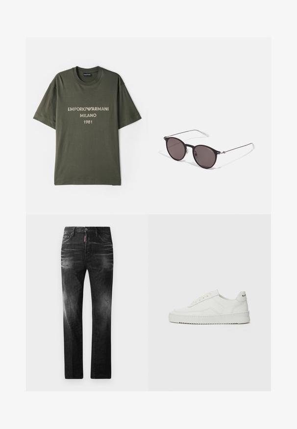 Olive spalvos medvilnės marškinėliai trumpomis rankovėmis, su logotipu "EMPORIO ARMANI MILANO" ir "1981" kontrastinga šviesia spalva.; Juodi džinsai su tiesiu kirpimu. Spalvoti svyrantys plotai, šiek tiek sugadinti, klasikinis penkių kišenių dizainas ir mygtuko uždarymas.; Balti odiniai sportiniai bateliai su lygia apdaila, apvaliu pirštu, plokščiais raišteliais ir tekstūruotu padu. Pasižymi subtiliu logotipu ant kulno.; Juodos apvalios saulės akinių su tamsiais lęšiais ir plonomis metalinėmis šakomis. Įtraukti skaidrūs šventyklų galai ir sidabriniai akcentai vyrio srityje. Minimalistinis dizainas.