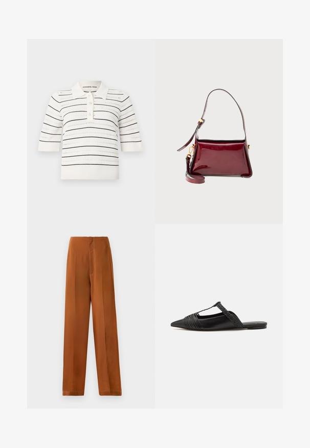 Rövid ujjú pólókrém színben, fekete csíkokkal. Gombos kivágással, kötött textúrával és szellőző nyitott mintázattal rendelkezik.; Bő szárú nadrág meleg barna színben, sima textúrával, magas derékkal és kontrasztos fehér varrással az oldalvarrásokon.; Fekete bőr slingback cipő hegyes orral, szőtt díszítéssel és redőzött felső dizájnnal. Lapos talp minimális hardverrel.; Burgundi színű patent bőr táska, strukturált designnal, tetején cipzáros záródással és leválasztható vállpánttal. Aranyszínű fém kiegészítők.