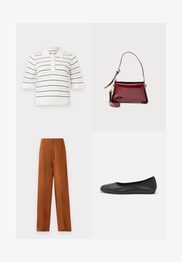 Kreemivärvi lühiheega polo särk mustade triipudega. Omab nööpide rida, kudumise tekstuuri ja avatud disaini ventilatsiooni tagamiseks.; Laiad püksid sooja pruuni värvi, millel on sile tekstuur, kõrge vöökoht ja kontrastsed valged õmblused. ; Musthave mustika tantsutossud mustast nahast, ümmarguse varbaga, siledast tekstuurist, minimaalse õmblusdetailiga ja paindliku tallakujundusega.; Burgundia lakknahkist kott struktureeritud disainiga, ülemise lukuga ja eemaldatava õlapaelaga. Kuldse disainiga aksessuaarid.