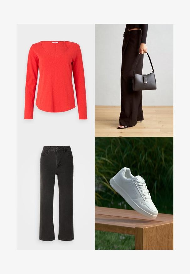 Crvena majica dugih rukava od mekane tkanine, sa širokim izrezom i zaobljenim rubom. Tekstura izgleda lagano s blagim varijacijama.; Crne široke traperice, izrađene od denima, s prednjim zatvaranjem na dugme, petljicama za pojas i pet džepova, s malo izblijedjelim dezenom.; Bijela tenisica sa glatkim sintetičkim gornjim dijelom, perforiranim prednjim dijelom, ravnim vezicama i teksturiranom potplatom, prikazana na drvenoj površini.; Crna torba s oblikom koji sadrži strukturu, glađu teksturu i metalnu kopču. Uparena s širokim crnim hlačama i sandalama na otvorenom s drvenog poda.