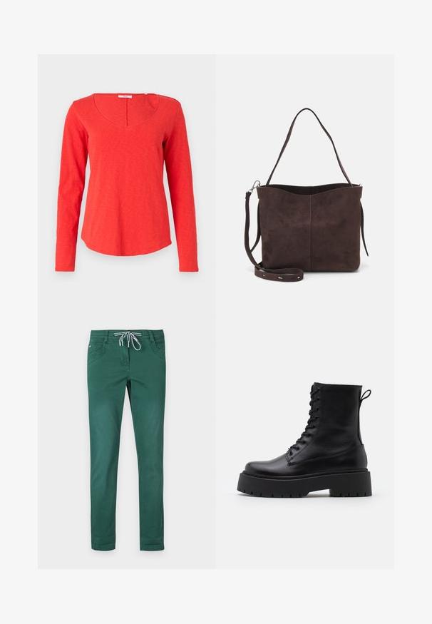 Piros, hosszú ujjú póló, puha anyagból, széles nyakkivágással és lekerekített szegéllyel. A textúra könnyűnek tűnik, finom eltérésekkel.; Zöld pamutkeverék nadrág egyenes szárajzással, húzózsinórral ellátott derékkal, és két első zsebbel. Simára kidolgozott textúra, minta nélkül.; Fekete bőr bokacsizma, kerek orral, fűzős elülső résszel és vastag, texturált gumitalppal. Húzófül hátul.; Barna velúrbőr táska puha tapintással, egyetlen vállpánttal és finoman ívelt felső nyitással. Nincs látható fémrész.