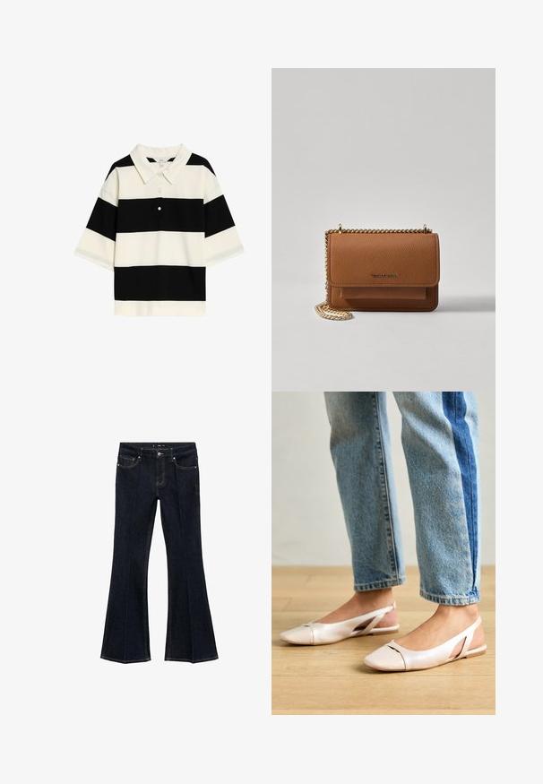 Sort-hvid stribet polo-shirt med klassisk krave, tre knapper og korte ærmer. Blødt stof med en glat tekstur.; Mørkeblå denim jeans med høj talje, forlommer og brede, flagrende ben, udstillet fladt på en hvid baggrund.; Lyserøde slingback flade sko med spidse tær, lavet af et glat læderlignende materiale. Har udskæringsdetaljer på siderne og en flad hæl.; Brun tekstureret læder crossover-taske med guldkæde-rem og klaplukning. Forsiden har logo-detalje og en lomme under klappen.