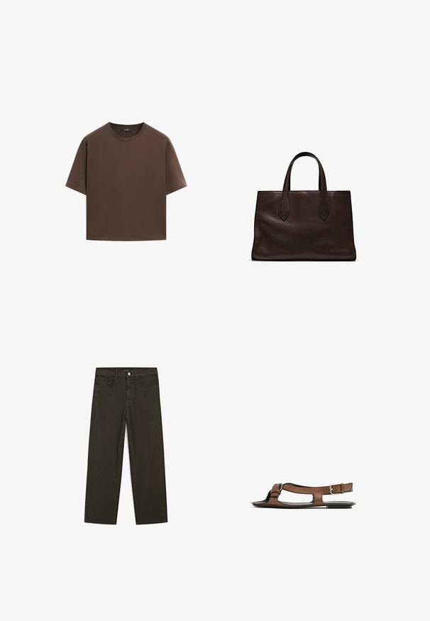 Brown cotton t-shirt, short sleeves, crew neckline, relaxed fit, smooth texture, minimalistic design, no visible patterns or accents.; Dark green wide-leg jeans made of cotton blend, featuring a front button closure, five pockets, and classic denim stitching.; Brown leather sandal with an open toe and side cutouts. Features an ankle strap with a metal buckle and a flat sole.; Brown leather tote bag with two elongated handles, structured rectangular shape, smooth texture, and subtle stitching details.