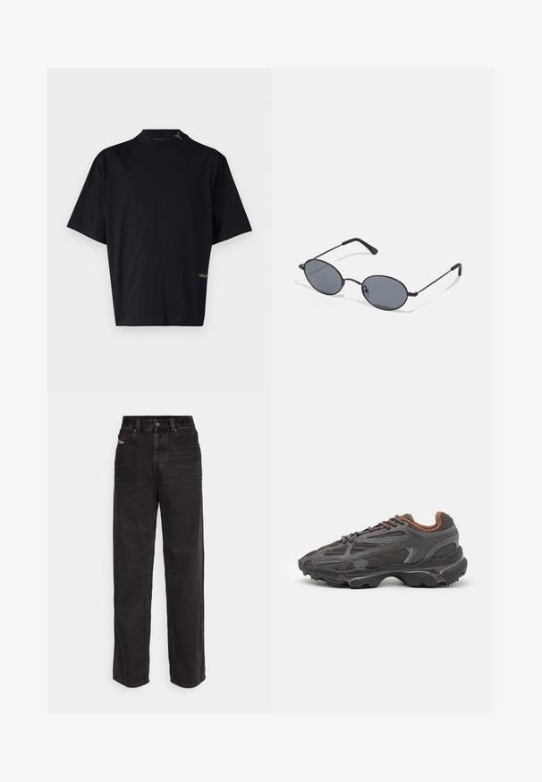 Schwarzes Kurzarm-T-Shirt mit hohem Ausschnitt. Hergestellt aus glattem Stoff, mit goldgesticktem "CARLO"-Logo unten links.; Schwarze Jeans-Breitbeine mit hoher Taille, vorderem Knopfverschluss, zwei seitlichen Taschen und dezenten Steppdetails.; Lacoste Sneaker in Dunkelgrau aus Mesh und Synthetikmaterial, mit einer strukturierten Sohle und braunen Akzenten am Kragen und Logo.; Schwarze ovale Sonnenbrillen mit dunklen Gläsern und zarten Metallrahmen. Sie verfügen über schlanke Bügel mit einer dezenten Kurve an den Enden.