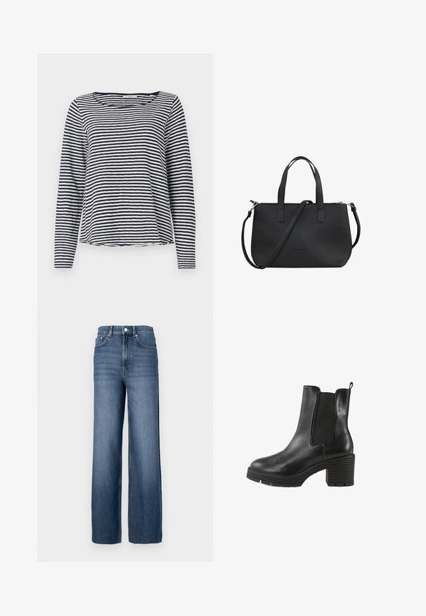 Pitkähihainen paita tummansinisessä ja valkoisessa raidallisessa kuosissa. Ominaisuuksina pyöreä kaula-aukko ja rento mitoitus. Valmistettu kevyestä, teksturoidusta kankaasta.; Sininen farkkutakki, jossa on korkea vyötärö ja leveä lahje. Ominaisuuksiin kuuluu klassinen viiden taskun muotoilu ja metallinappikoristelu.; Musta nahkasaapas nilkkapituisella, jossa on elastiset sivut, paksu teksturoitu korko ja vetoketjuhihna. Pyöreä kärki ja erottuva uurrettu pohja.; Musta nahkalaukku, jossa on teksturoitu pinta, kaksinkertaiset yläkahvat ja säädettävä olkahihna. Varustettu vetoketjusuljin ja minimaalinen brändäys.