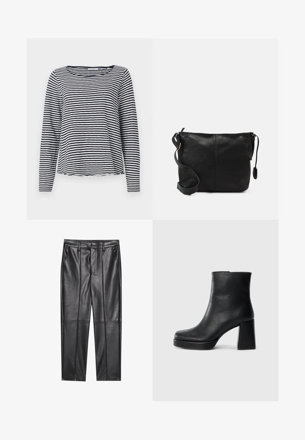Majica z dolgimi rokavi v mornarsko modri in beli črtasti vzorec, z okroglim vratnim izrezom in sproščenim krojem. Narejena je iz lahke, teksturirane tkanine.; Črne usnjene hlače z gladko teksturo, z ravnim krojem, dvema sprednjima žeparjema in vidnimi šivi.; Črne usnjene gležnjarje z blok peto in platformo, prikazane s strani na enobarvni beli podlagi.; Črna usnjena torbica čez telo s ravno obliko, z zlatimi kovinskimi dodatki in nastavljivim trakom. Gladka tekstura z minimalnimi šivi.