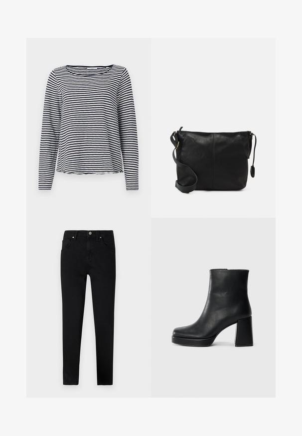 Ilga rankovėmis viršus tamsiai mėlynais ir baltais dryžiais, su apvaliu dekoltė ir laisvu siluetu. Pagamintas iš lengvos, tekstūruotos medžiagos.; Juoda džinsinio audinio kelnės su siauromis kojomis, turinčios priekinius sagos užsegimus, diržo kilpeles ir klasikinį penkių kišenių dizainą. Lygus paviršius.; Juodas odinis kulkšninis botas su bloku ir platformos padu, matomas šoniniu vaizdu ant balto fono.; Juodas odinis per petį nešiojamas krepšys plokščia forma, su auksiniais detalių akcentais ir reguliuojama juosta. Lygi tekstūra su minimaliais siuvimo elementais.