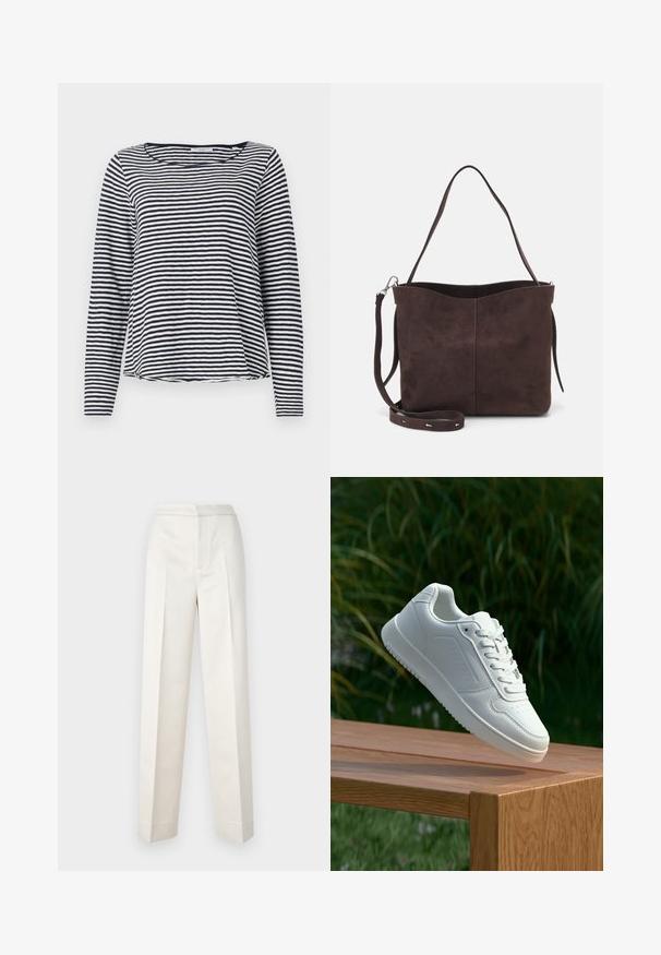 Dlhý rukáv top v námorníckej modrej a bielych pruhoch, s okrúhlym výstrihom a voľným strihom. Vyrobený z ľahkej, texturovanej látky.; Krémoé nohavice s prispôsobeným strihom, rovné nohavice, hladká tkanina, predné záhyby a čistý lem. Minimalistický dizajn.; Biele tenisky s hladkým syntetickým zvrškom, perforovanou špičkou, plochými šnúrkami a textúrovanou podrážkou, vystavené na drevenej ploche.; Hnedá semišová taška s mäkkou textúrou, vybavená jedným ramenným popruhom a jemne zakriveným horným otvorom. Bez viditeľných hardvérových detailov.