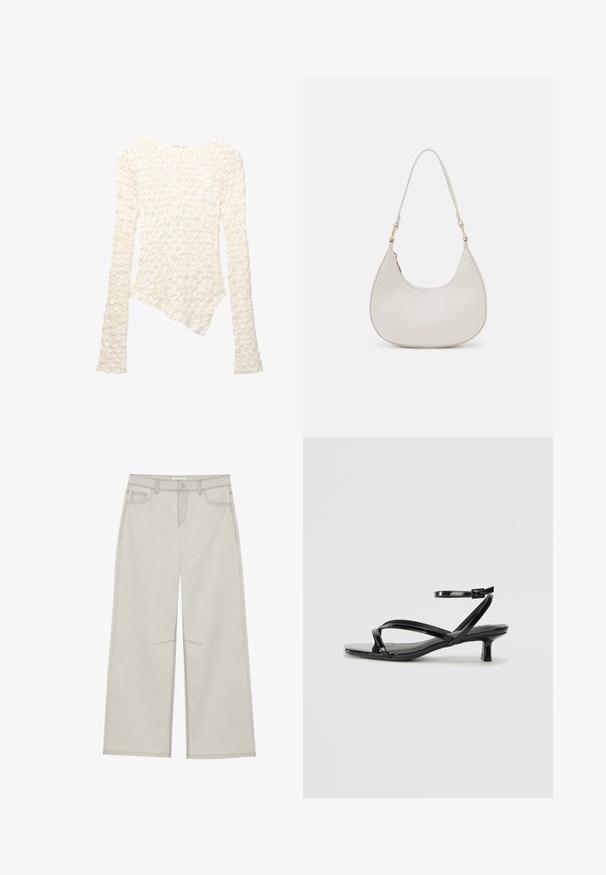 Weißer langärmeliger Strickpullover mit floralem Muster und asymmetrischem Saum.; Hellgraue, weit geschnittene Hose mit fünf Taschen, vorderem Knopfverschluss und kontrastierenden Nähten. Der Stoff wirkt weich und langlebig.; Schwarze Lackleder-Sandale mit niedrigem Absatz, ausgestattet mit überkreuzten Riemen und einem verstellbaren Knöchelriemen. Glatte, glänzende Oberfläche.; Cremfarbene Leder-Schultertasche mit einer Halbmondform, dünnem Schulterriemen und subtilen Stichdetails. Minimalistisches Design mit goldfarbenen Hardware-Akzenten.