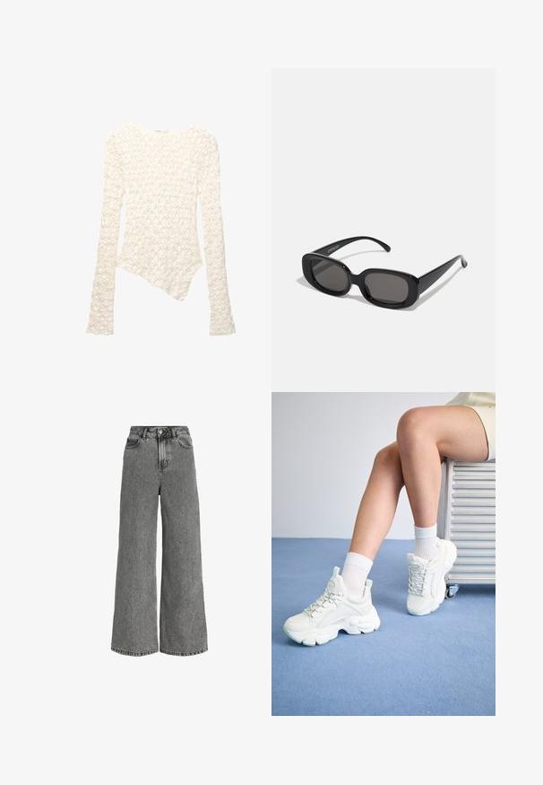 Bijela dugačka pletena majica s dugim rukavima, ukrašena cvjetnim uzorkom i asimetričnom donjom rubom.; Široke traperice od sive denima, s visokim strukom, standardnim džepovima i suptilnim izbljeđenim uzorkom. Sirov rub na dnu.; Bijele tenisice s vezicama i debelim potplatom, izrađene od gladak sintetičkog materijala, s teksturiranim detaljima i petnom ručkom.; Crne pravokutne sunčane naočale s tamnim lećama. Debeli plastični okvir, glatke teksture i zaobljenih rubova. Moderne oštrice se protežu prema van.; Mango Ručna torba - black