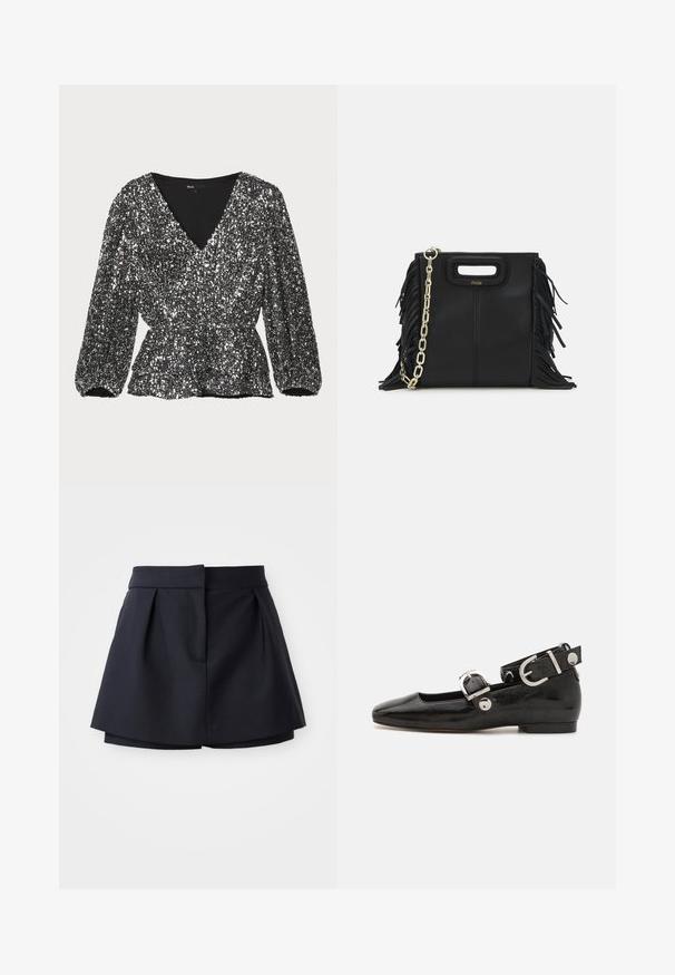 Čierna blúzka s flitrami, s výstrihom do V, nadúvanými rukávmi a z gathered pásom. Textúra je trblietavá a zdobená flitrami.; Námorné plisované šortky s vysokým pásom, vyrobené z hladkej látky. Majú priliehavý strih a skrytú prednú kapsu.; Čierne lakované baleríny so štvorcovou špičkou, remienkom okolo členka so striebornými prvkami a plochou podrážkou. Hladký povrch s minimalistickým dizajnom.; Čierna kožená kabelka s strapcami, zlatým reťazovým ramenným popruhom a vykrojenou rukoväťou. Na prednej strane sa nachádza logo.