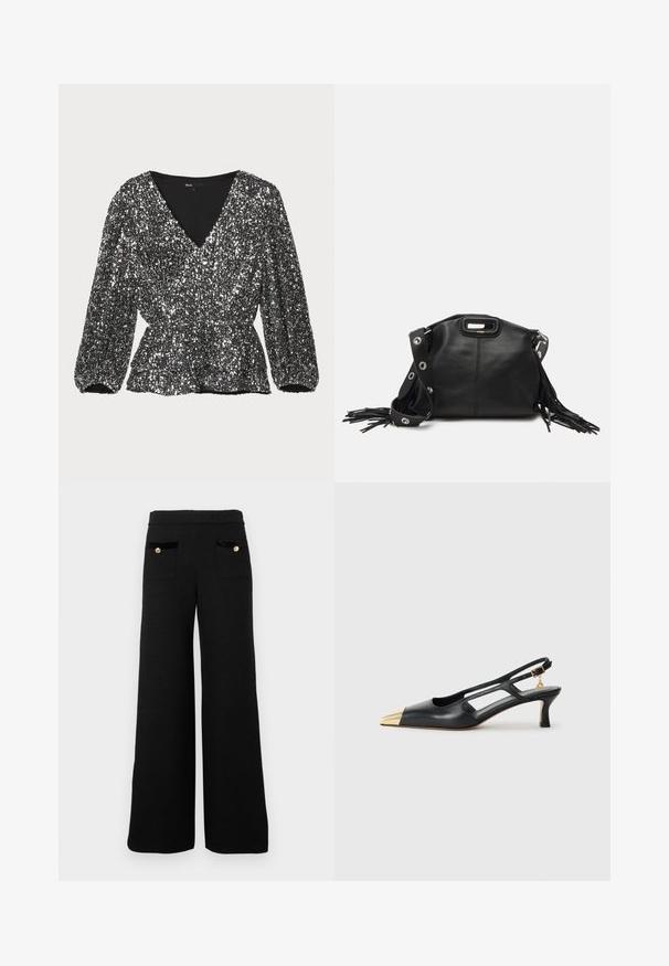 Černá blůza s flitry, s výstřihem do V, nabíranými rukávy a staženým pasem. Materiál se třpytí a je zdoben flitry.; Černé široké kalhoty vyrobené z texturované látky, s dvěma předními kapsami s černými sametovými akcenty a detaily ze zlatých knoflíků.; Černá kožená sandálová bota s špičatou špičkou a zlatým kovovým špičákem. Obsahuje design s výřezy a štíhlý podpatek s nastavitelným páskem.; Maje MISS MINI - Taška s příčným popruhem - noir
