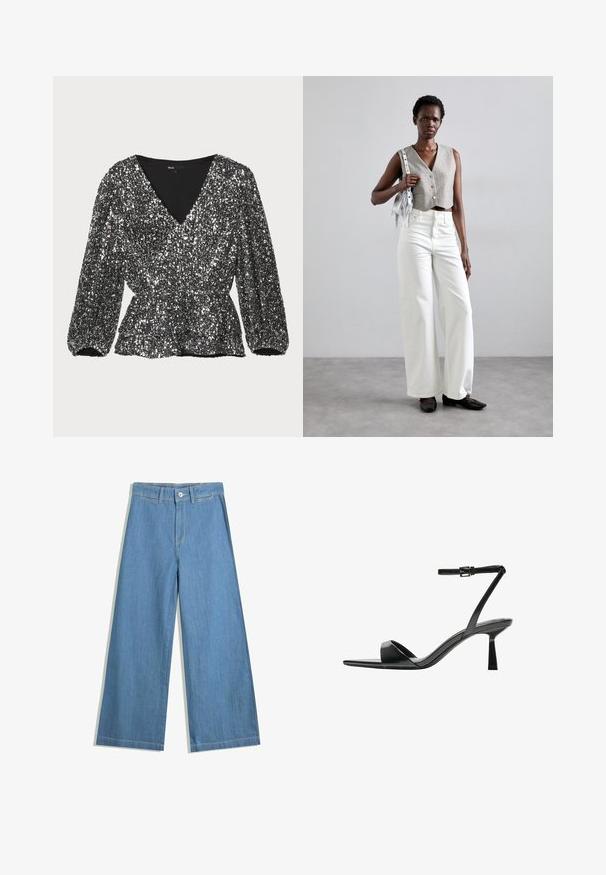Schwarze, glitzernde Bluse mit V-Ausschnitt, Puffärmeln und gerafftem Taillenbereich. Die Textur ist schimmernd und mit Pailletten gemustert.; Hellblaue weit geschnittene Jeans aus Denim, mit Knopfverschluss, Gürtelschlaufen und dezenten Nähten.; Bershka High Heel Sandalette - black; Grauer, verkürzter Weste mit Knöpfen, kombiniert mit weißen, weit geschnittenen Jeans und schwarzen flachen Schuhen. Ergänzt durch eine kleine silberne Fransenhandtasche.