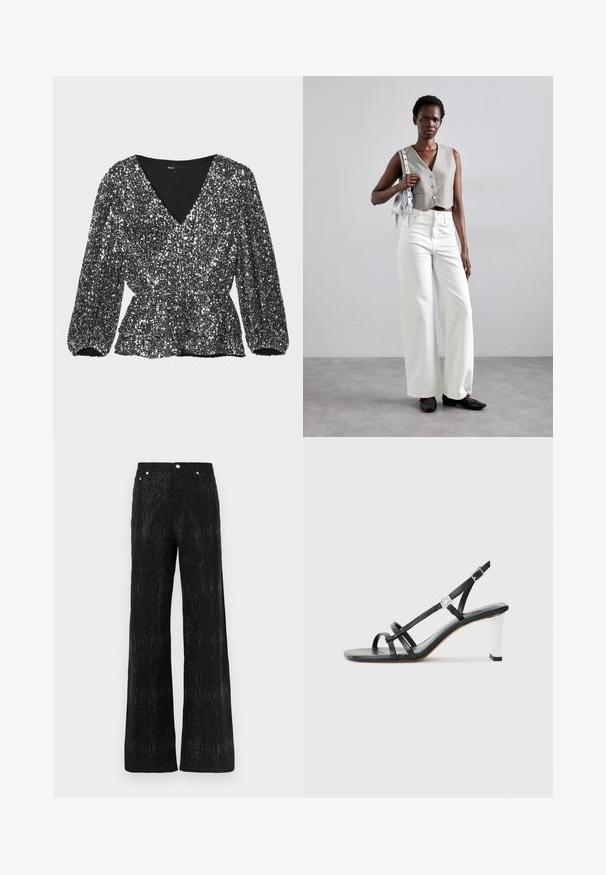 Black sequined blouse with a v-neckline, puffed sleeves, and gathered waistline. The texture is shimmering and patterned with sequins.; Black wide-leg trousers with a textured surface, featuring a shimmering pattern. Finished with a standard waistband and metal button accents.; Black heeled sandals with multiple narrow straps, a slingback design, and a silver accent on the heel. Smooth upper material and square heel.; Gray cropped vest with buttons, paired with white wide-leg jeans and black flat shoes. Accessorized with a small silver fringe bag.