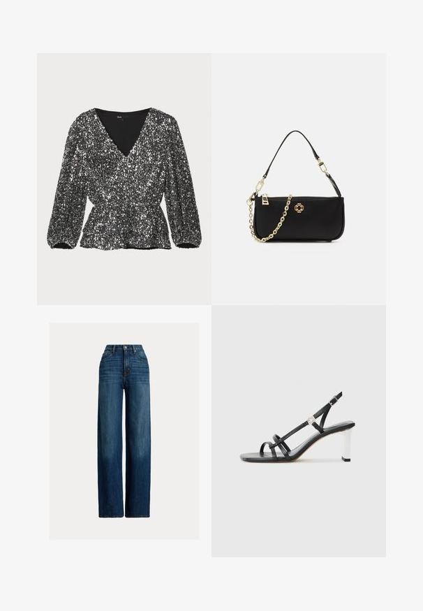 Blusa nera con paillettes, con scollatura a V, maniche a sbuffo e vita arricciata. La texture è scintillante e decorata con paillettes.; Jeans in denim a gamba larga di colore blu scuro. Presentano una vita alta, chiusura con bottone e un classico design a cinque tasche. Texture liscia con una leggera sbiaditura.; Sandali neri con tacco alto caratterizzati da molteplici cinghie sottili, design slingback e un accento in argento sul tacco. Materiale superiore liscio e tacco quadrato.; Borsa nera con una texture liscia, dotata di una tracolla in catena dorata, chiusura con zip e un'emblema decorativo dorato sul davanti.