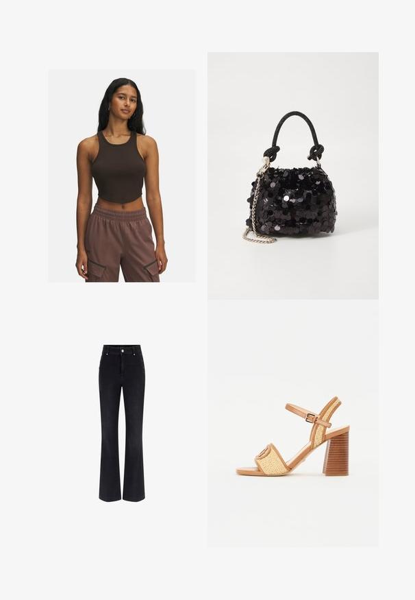 Pruun ribidega lühike topp ümmarguse kaeluse ja minimaliste õmblustega, koos heleda pruuni särgiga, millel on küljetaskud ja elastne vöökoht.; Mustad denimist vööb koos kõrge vöörettevõtte, viie tasku disaini ja metallist nupuga aksessuaaridega külgedel. Sile tekstuur ja klassikaline lõige.; Pruun nahast ja kootud õlgedest kontsakingad, millel on pahkluu rihm, avatud varvas ja tumesinine puidust stiilis konts, millel on horisontaalsed triibud.; Must have mustrõngus mustal sädelev mini käekotil on sõlme tekstuuriga rihm ja hõbedane ketis. Ümar kuju, kokku kogutud ülaosa ja peegeldav detail.