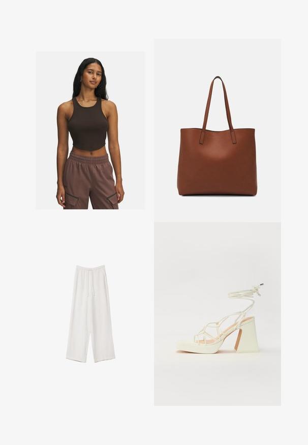 Brązowy prążkowany top w kroju crop z okrągłym dekoltem i minimalną ilością szwów, zestawiony z jasnobrązowymi spodniami z bocznymi kieszeniami i elastycznym pasem.; Białe spodnie o szerokich nogawkach wykonane z lekkiego materiału. Posiadają elastyczny pas z sznurkiem i boczne kieszenie. Gładka tekstura.; Biała sandał na wysokim obcasie z masywnym słupkiem, z paskowym wzorem i wiązaniem przy kostce. Gładka faktura z platformą z przodu dla dodatkowej wysokości.; Brązowa skórzana torba tote o gładkiej fakturze, z otwartym wierzchem i dwoma ramiączkami. Charakteryzuje się minimalnym przeszyciem i brakiem widocznych elementów metalowych.