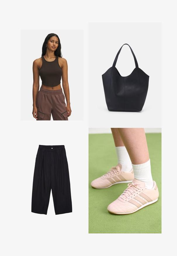 Top corto a coste marrone con scollatura tonda e cuciture minime, abbinato a pantaloni marroni chiari con tasche laterali e cintura elastica.; Pantaloni culotte neri in poliestere con una cintura elastica, due pieghe frontali e una silhouette ampia. Nessun motivo visibile o dettagli in metallo.; Scarpe da ginnastica rosa chiaro con cuciture diagonali, suole bianche e tre strisce laterali. Indossate con calze bianche a coste su una superficie verde.; Borsa tote nera realizzata in pelle liscia, con una parte superiore curva e aperta, dotata di due manici per spalla e un design minimalista.