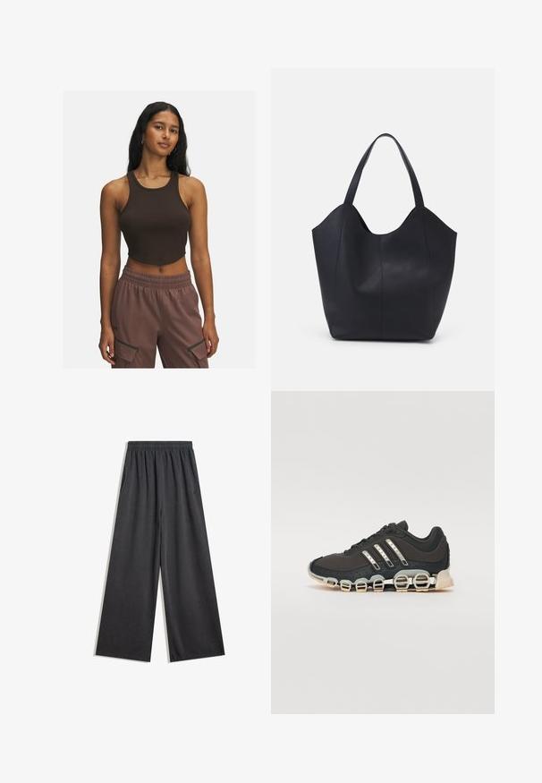 Brązowy prążkowany top w kroju crop z okrągłym dekoltem i minimalną ilością szwów, zestawiony z jasnobrązowymi spodniami z bocznymi kieszeniami i elastycznym pasem.; Czarne spodnie o szerokich nogawkach wykonane z miękkiej tkaniny, z elastycznym pasem i bocznymi kieszeniami. Gładka tekstura bez widocznych wzorów lub akcentów.; Czarne sportowe buty z teksturowaną cholewką, trzema srebrnymi paskami i charakterystyczną podeszwą z amortyzacją, składającą się z wielu zintegrowanych sekcji.; Czarna torba na ramię wykonana z gładkiej skóry, z zaokrąglonym, otwartym topem i dwoma paskami na ramię oraz minimalistycznym designem.