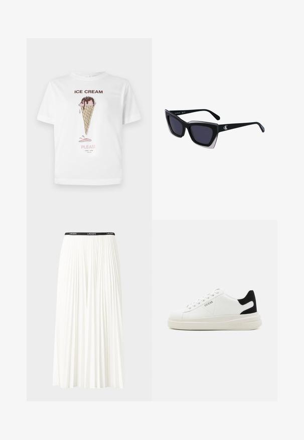 Valge puuvillane t-särk, millel on jääkreemikoonuse illustratsioon roosa ja pruuni aktsendiga ning all tekst "JÄÄKREEM PALUN".; Kurtitudega valge seelik musta elastse vööga, millel on "LACOSTE" logo. Keskmise pikkusega disain pehme tekstuuriga.; Valged nahast tennisetossud paksu valge tallaga, musta sametist kontsakeeuga ja külje peal riigilogo reljeefne kujundus. Lukkeskeem kuue silmaauguga.; Mustad suured mustad prillid geomeetrilise kujuga, tumedate läätsedega ja kontrastse halli detailiga raamidel. Logo käe peal.