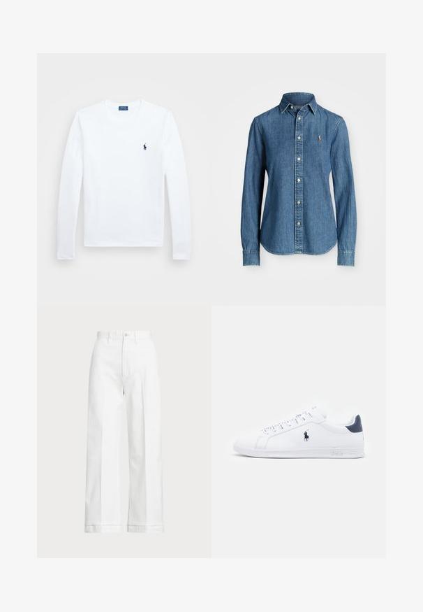Balta ilgomis rankovėmis marška, pagaminta iš medvilnės, apvalia kaklaskare. Kairėje krūtinės pusėje yra mažas tamsiai mėlynas logotipas. Paprastas dizainas, reguliaraus kirpimo.; Mėlynos džinsinės palaidinės ilgomis rankovėmis, su mygtukų apykakle ir logotipo akcentu krūtinėje. Suapvalintas apatinis kraštas ir standartinis fasonas.; Balti platūs kelnės su aukštu juosmeniu, su mygtuko uždarymu ir subtiliu siuvimo akcentu. Pagamintos iš medvilnės su glotnia tekstūra.; Baltos odinės sportbačiai su lygiu paviršiumi, tamsiai mėlyni akcentai ir mažas logotipas šone. Yra plokščios raišteliai ir tekstūruotas gumos padas.