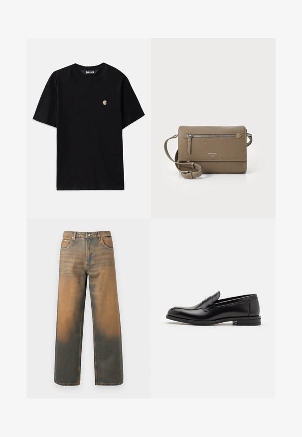 Sort bomulds t-shirt med korte ærmer, rund halsudskæring og et lille gyldent "C" logo på brystet. Enkel design, glat tekstur, normal pasform.; Videbenede jeans i slidte blå og brune denim. Har høj talje, forlommer og en klassisk knaplukning med metaldetaljer.; Sorte læderloafers med en glat overflade, rund tå og en dekorativ strop over vampen. Lav hæl med stabeldesign, minimalistisk stil.; Taupe læder crossover taske med en lynlåslomme foran, justerbar skulderrem, pebble tekstur og præget logo på forsiden.