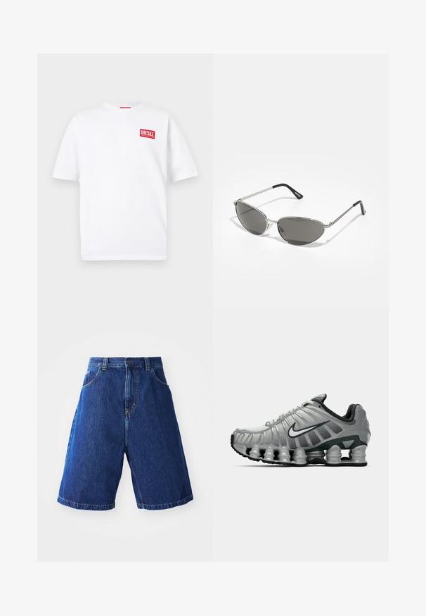 Hvit bomull t-skjorte med korte ermer, med et rødt rektangulært merke med "DIESEL"-tekst på venstre brystområde.; Denimshorts med blå vask, med høy midje, to frontlommer og gult stikningsdetaljer langs sømmene.; Grå og svart Nike løpesko med synlig fjærlignende demping under sålen og en hvit swoosh-logo på siden.; Solbriller med en slank, sølvmetallisk ramme, gråtonede linser og et aerodynamisk design med spisse kanter og tynne armer.; Svart quiltet tote-veske med stor åpning, buede former på overflaten, og en etikett med gul og hvit tekst på forsiden.