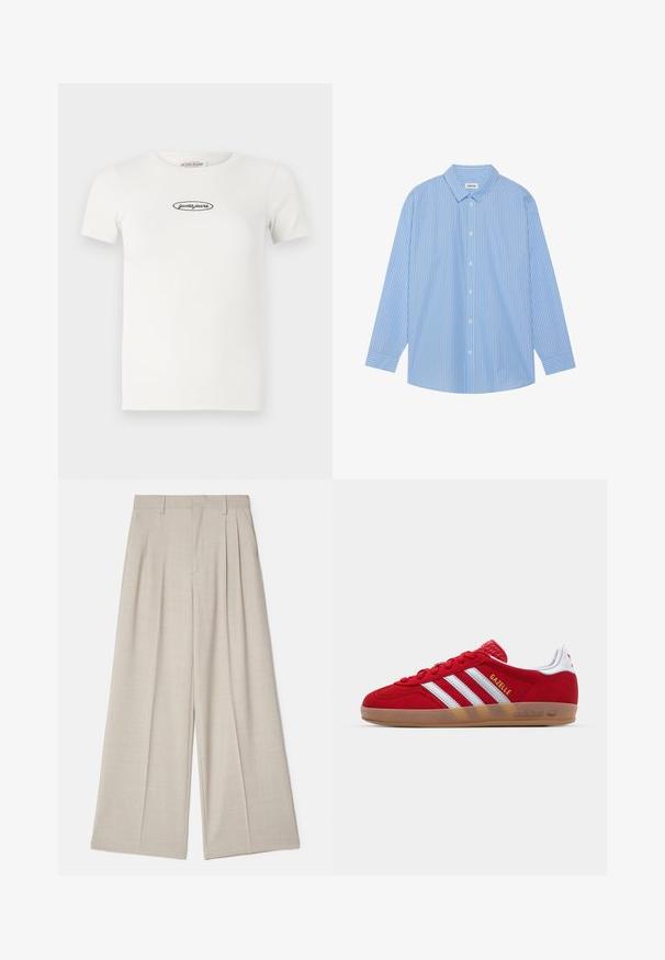Valkoinen raidoitettu t-paita lyhyillä hihoilla, pyöreällä pääntiellä ja mustalla brodeeratulla "guess jeans" -logolla keskellä etuosaa.; Siniset ja valkoiset raidalliset pitkähihaiset paidat, joissa on klassinen kaulus, nappikirjaus edessä ja pyöristetty helma. Valmistettu kevyestä kankaasta.; Beige leveled trousers dengan tekstur halus, dilengkapi lipatan depan, pinggang datar, dan desain yang dirancang untuk fit longgar.; Punainen mokkanahkainen lenkkitossu, jossa on valkoinen kolmiraidallinen kuvio ja kultaiset "Gazelle"-tekstit. Varusteena kuminen pinta ja teksturoitu kanta.