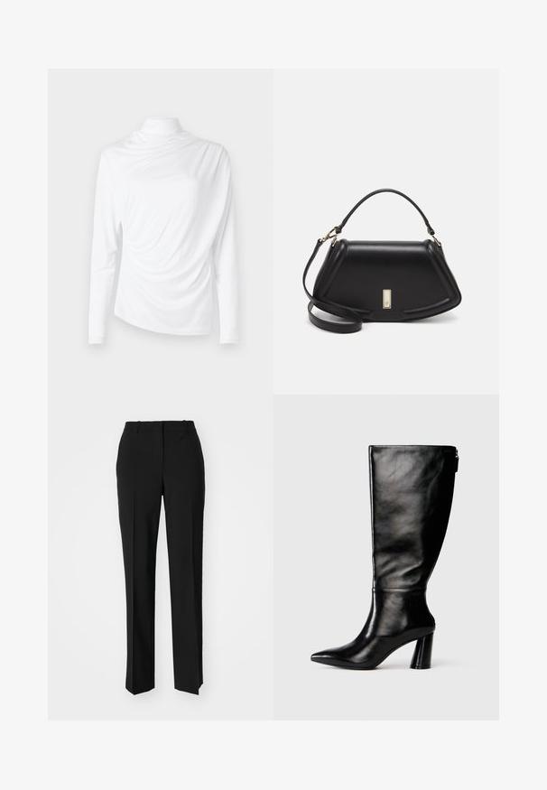 Wit lange mouw top met een hoge hals, met draperend materiaal, zachte textuur en een asymmetrisch ontwerp aan de voorkant. Gladde afwerking.; Zwarte op maat gemaakte broek met een recht model, voorzien van een soepele textuur en scherpe plooien aan de voorkant. Geen zichtbare hardware.; Zwart leren laars tot de knie met een puntige neus, gladde textuur en een chunky hak. Bevat een ritsdetail aan de achterkant.; Zwarte leren handtas met een gestructureerd ontwerp, featuring een verkorte vorm, bovenhandvat en gouden hardwareaccent. Inclusief verstelbare schouderband.