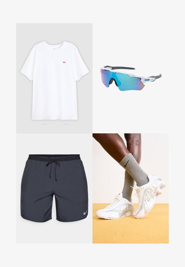 White cotton t-shirt with short sleeves and a crew neckline. Features a small red Levi's logo on the left chest. Flat design, no patterns.; Nike running shorts in dark gray, featuring an elastic waistband with a drawstring and a silver logo accent on the lower right leg.; Nike sneakers in white with silver accents, featuring textured panels and perforations. Paired with gray ribbed socks, set against a yellow background.; Sunglasses with a white frame, gray accents, and blue mirrored lenses. Sporty design, wraparound shape, and adjustable nose pads.