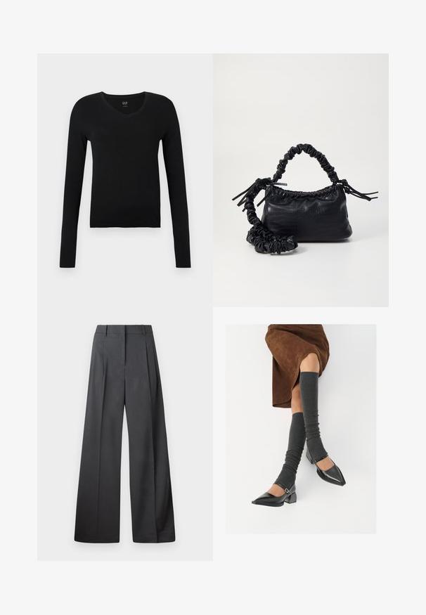 Sort langærmet V-hals top lavet af blødt bomuld, med et slankt fit og minimalistisk design uden yderligere mønstre eller accenter.; Bredde benbukser i mørkegrå stof, med høj talje, enkelte læg og en glat tekstur med en ren finish ved kanten.; Sorte patenterede lædersko med spids tå, blokhæl og ankelrem, kombineret med grå ribbede benvarmere og en brun ruskinds nederdel.; Sort kunstlæder håndtaske med krokodilteksur, indsnøret top og en sammenkrøben rem. Ser blød og kompakt ud i designet.