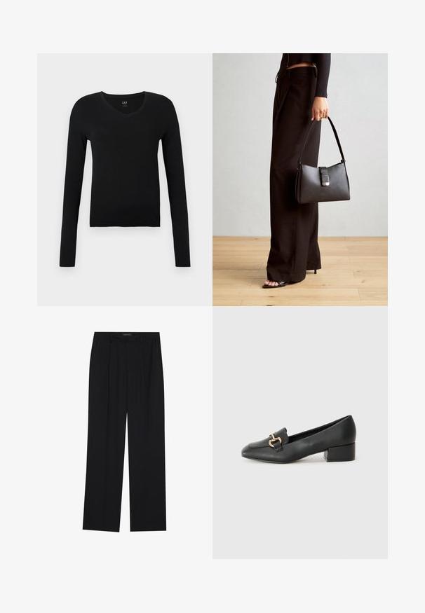 Must sorav õlavarre pikkusega V-kaelusega pehmost puuvillast tipp, mis omab kitsast lõiget ja minimalistlikku disaini, ilma lisamustrideta või aksessuaare.; Mustad püksid sirgjoonelise disainiga, millel on kaks esist taskut ja muudatus. Valmistatud siledast, kergekaalulisest kangast.; Mustad nahast loafers madala kontsaga, millel on esiküljel dekoratiivne kuldne detalj ja sile tekstuur.; Must musta kott, millel on struktureeritud kuju, sile tekstuur ja metallist klamber. Kombineeritud laiate mustade pükstega ja avatud varvaste sandaalidega puidust põrandal.