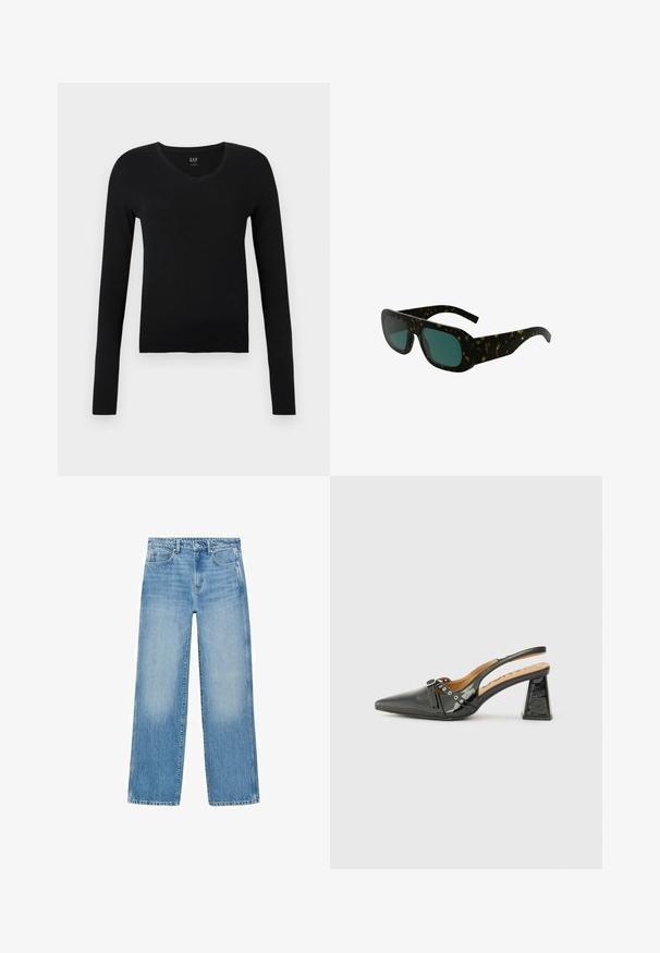 Musta pitkähihaisen V-pääntien paita, joka on valmistettu pehmeästä puuvillasta. Paita on slim fit -mallinen ja siinä on minimalistinen muotoilu ilman ylimääräisiä kuvioita tai koristuksia.; Vaaleansiniset farkut suoran leikkauksen, viiden taskun suunnittelun ja lievällä haalistumisella. Vyötäröllä on nappi- ja vetoketjukiinnitys.; Mustavahakuvioinen nahkakengät, joissa on terävä kärki, kolmion muotoinen korko ja koristeellinen hihna, jossa on hopeisia yksityiskohtia. Suora pinta.; Kilpikonnakuosiset aurinkolasit, joissa on tummanvihreät linssit, leveät suorakulmaiset kehykset ja kaarevat templet, ja jotka on varustettu sileällä muovipinnalla.; Kudottu kangaskassi oliivinvihreänä, tilavalta pyöreältä muodoltaan ja yhdessä pitkittäisessä kantokahvassa. Pintakuviointi.