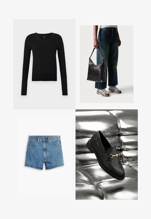 Schwarzes langärmliges V-Ausschnitt-Top aus weicher Baumwolle, mit schmaler Passform und minimalistischem Design ohne zusätzliche Muster oder Akzente.; Hellblaue Denim-Shorts mit fünf Taschen, einem Reißverschluss und einem Knopfverschluss. Der Saum ist fransig und das Design bietet eine lässige Passform.; Schwarze Leder-Loafer mit goldfarbener Hardware. Der Schuh zeichnet sich durch ein elegantes Design und eine glatte, glänzende Oberfläche aus.; Schwarze Leder-Schultertasche mit glatter Textur und verstellbarem Riemen, kombiniert mit ausgewaschenen weit geschnittenen Jeans und sportlichen Sneakern.