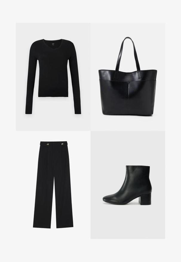 Černý dlouhý rukáv tričko s výstřihem do V vyrobené z měkké bavlny, s úzkým střihem a minimalistickým designem bez dalších vzorů nebo akcentů.; Černé široké kalhoty s vysokým pasem, detailní knoflíky na pase a přední záhyby.; Černé kožené kotníkové boty s špičatou špičkou a robustním podpatkem. Hladký povrch s minimálními akcenty a elegantním, přiléhavým designem.; Černá kožená taška s dlouhými ušima, hladkým povrchem a strukturovaným tvarem. Obsahuje přední kapsu pro další úložný prostor.