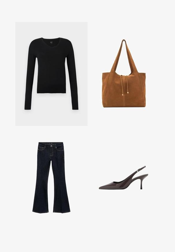Crna dugosleeve V-izrez bluzica napravljena od mekog pamuka, s uskim krojem i minimalističkim dizajnom bez dodatnih uzoraka ili akcenata.; Tamno plave traperice visokog struka s prednjim džepovima i širokim nogavicama, prikazane ravno na bijeloj pozadini.; Sandalice s uskim potpeticama u tamnosmeđoj lakiranoj koži, s uskom visokom potpeticom i prilagodivim remenom oko gležnja s kopčom.; Smeđa antilop torba za ruke s dva duga remena, zatvaranje na vezicu i minimalistički dizajn. Glatka tekstura i bez vidljivih metalnih elemenata.