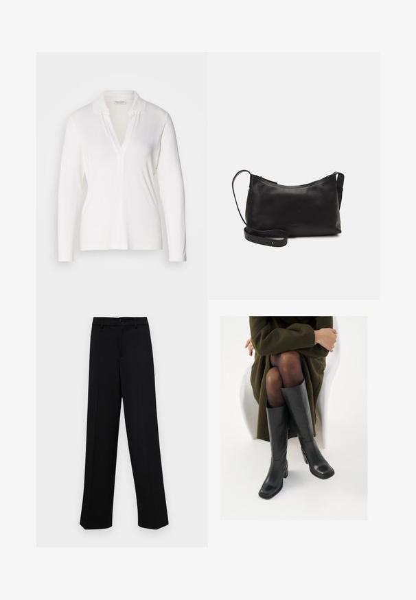 Camisa polo blanca de manga larga con escote en V, hecha de una tela suave, que presenta un cuello plegado y un corte relajado. Diseño simple y liso.; Pantalones de pierna ancha negros, hechos de un tejido suave, con una cintura clásica que incluye un cierre de botón y pliegues frontales.; Botas de cuero negro hasta la rodilla con puntera cuadrada y tacón de bloque, presentadas con un modelo sentado en un abrigo verde oliva. Textura suave, mínimo detalle.; Bolso de hombro de cuero negro con una textura suave, forma curvada, correa ajustable y cierre con cremallera. Diseño minimalista sin adornos.