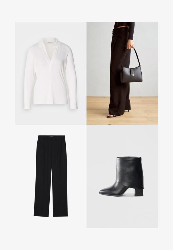 Bela polo majica z dolgimi rokavi in V-izrezom, izdelana iz mehkega materiala, z zloženim ovratnikom in sproščenim krojem. Enostaven in preprost dizajn.; Črne hlače s ravnim krojem, ki imajo dva sprednja žepa in pas. Narejene so iz gladkega, lahkega materiala.; Črne usnjene gležnjarje z izostrenim prstom, gladko teksturo in trdnimi blokastimi petami. Imajo visok, zložen manšeti.; Črna torbica z strukturirano obliko, gladko teksturo in kovinskim zaponko. Ujemajo se z širokimi črnimi hlačami in odprtimi sandali na lesenem tleh.