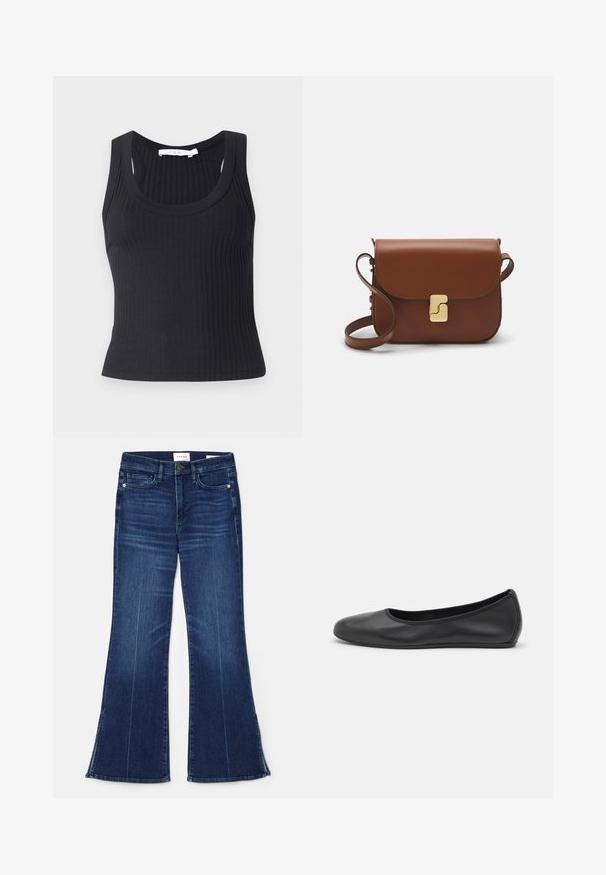 Black ribbed tank top featuring a round neckline and wide shoulder straps, made of soft, stretchy fabric, with a fitted silhouette.; Dark blue flared jeans made from denim. Features a high waist, front pockets, and slit details at the hem. Classic five-pocket design.; Black leather ballet flat with a rounded toe, smooth texture, minimal stitching detail, and a flexible sole design.; Brown leather handbag with a flap closure, gold-tone hardware, a shoulder strap, and a smooth texture. Compact rectangular shape.