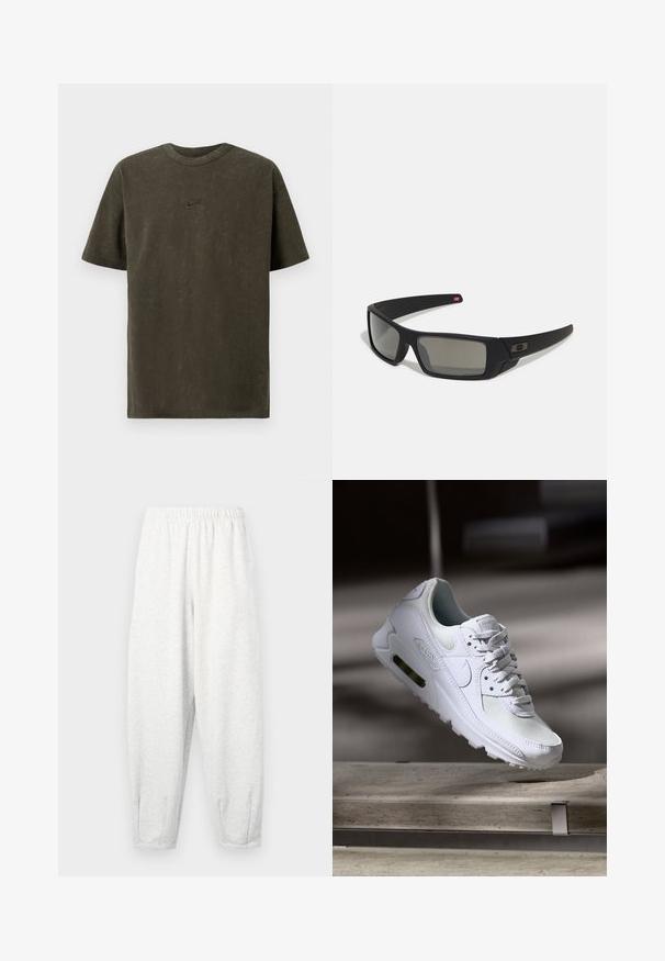 Alyvuogių žalios spalvos medvilninė marškinė su apvalia iškirpte, trumpomis rankovėmis ir subtiliu Nike logotipu iškilmingu siuvinėjimu krūtinėje.; Šviesiai pilkos sportinės kelnės, pagamintos iš minkštos medžiagos, su elastingu juosmeniu, siaurėjančiomis kojomis ir kulkšnių rankovėmis. Paprastas dizainas be raštų.; Baltos Nike Air Max 90 sportbačiai su.comi ir odos viršumi, perforuota pirštų dėžute ir matomu oro pagalvėle kulne.; Juodi akiniai saulės su matinio paviršiaus užbaigimu, stačiakampiai lęšiai, švelnus lenkimas ant šventyklų, subtilus logotipo detalizavimas ir dūminiai lęšiai.
