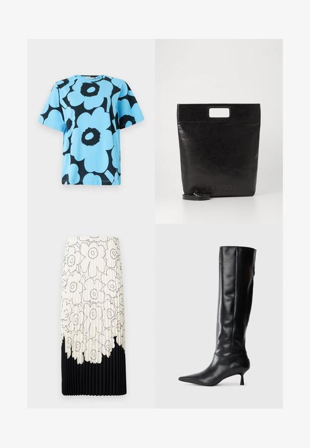 Blaues Baumwoll-T-Shirt mit auffälligem schwarzen Blumenmuster. Kurze Ärmel und runder Halsausschnitt mit lockerer Passform. Strapazierfähiger Stoff.; Faltrock mit einem floralem Schwarz-Weiß-Muster, der oben hell ist mit Blumen und einem schwarzen, einfarbigen Saum unten.; Schwarze Lederstiefel bis zum Knie mit spitzem Zehenbereich und schmalem, geschwungenem Absatz. Glatte Textur, enganliegendes Design und keine sichtbaren Beschläge oder Muster.; Schwarze Leder-Tote-Tasche mit einem quadratischen Griff, ausgestattet mit einer strukturierten Oberfläche und geprägtem Logo. Inklusive abnehmbarem Tragegurt.