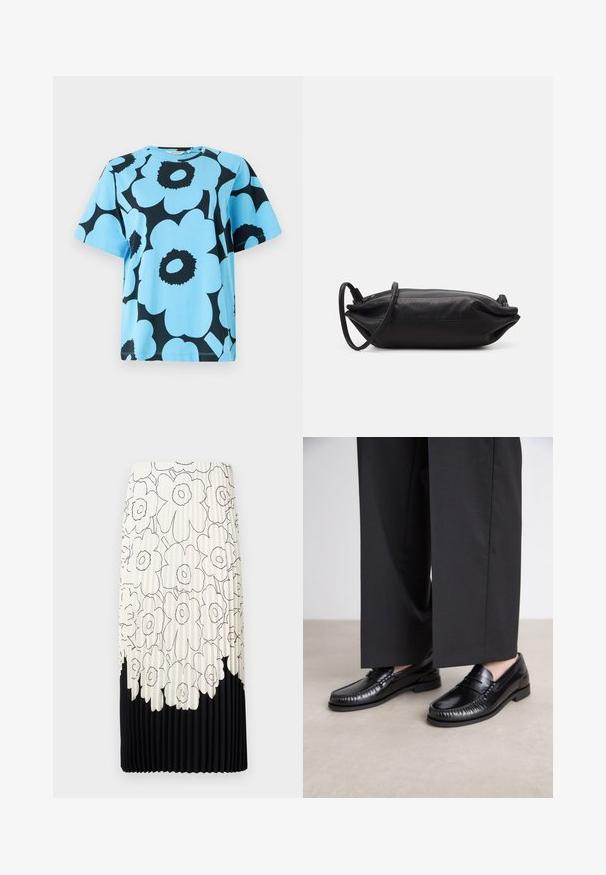 Plava pamučna majica s naglašenim crnim cvjetnim uzorkom. Kratki rukavi i okrugli izrez s opuštenim krojem. Trajna tkanina.; Preg pletena suknja s cvjetnim uzorkom u crnoj i bijeloj boji, koja ima svijetlu gornju polovicu s cvjetovima i čvrsti crni donji rub.; Crne kožne mokasine s glatkom završnom obradom, prošivene detalje oko nožnog prsta i niskim gumeni potplat. Uparuđene s širokim crnim hlačama.; Crna kožna torbica za večernje izlaske pravokutnog oblika, glatke teksture, s tankim remenom za rameno i minimalističkim dizajnom.