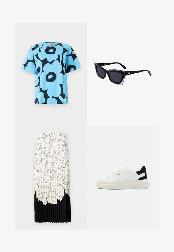 Tricou din bumbac albastru cu un model floral îndrăzneț, negru. Mâneci scurte și decolteu rotund, cu o croială lejeră. Material durabil.; Fustă plisată cu un model floral alb-negru, având partea superioară deschisă cu flori și tivul de jos solid negru.; Adidași din piele albă cu o talpă groasă albă, accent de călcâi din suede negru și logo embosat pe lateral. Design cu șireturi și șase orificii.; Ochelari de soare supradimensionați, negri, cu o formă geometrică, având lentile întunecate și un detaliu gri contrastant pe ramă. Logo pe braț.
