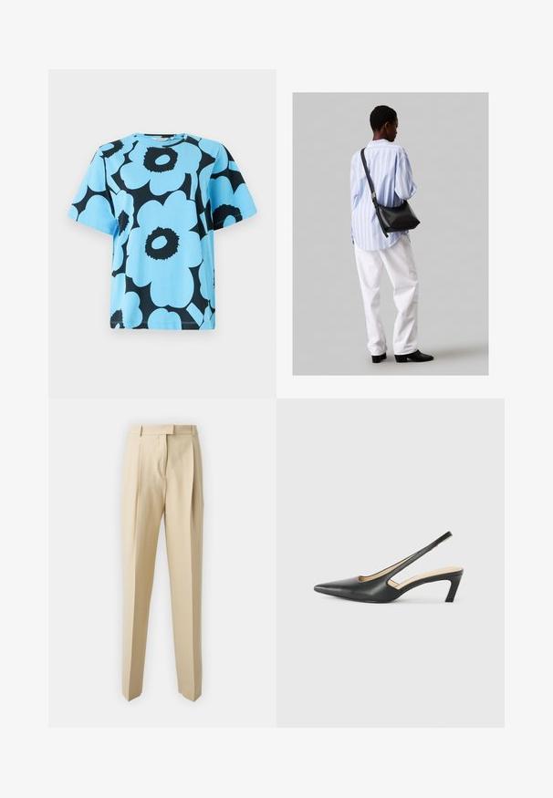 Modrá bavlnená tričko s odvážnym čiernym kvetinovým vzorom. Krátke rukávy a okrúhly výstrih s voľným strihom. Odolná látka.; Béžové nohavice na mieru so priamym strihom, s plisovaním, pásom a hladkou textúrou. Žiadne viditeľné vrecká ani ozdoby.; Čierne slingback topánky s ostrou špičkou a nízkym opätkom, vyrobené z hladkej kože a s výrezmi na boku pre lepšiu priedušnosť.; Čierna kožená ramenná taška so mäkkou textúrou, trojuholníkovým tvarom a nastaviteľným popruhom, skombinovaná s svetlomodrou pruhovanou košeľou a bielymi nohavicami.